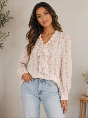 Available Floral Tie Neck Long Sleeve Blouse Size Medium